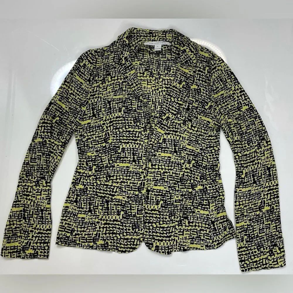 Diane Von Furstenberg Silk Abstract Pattern Open Front Blazer Jacket Women Sz 4